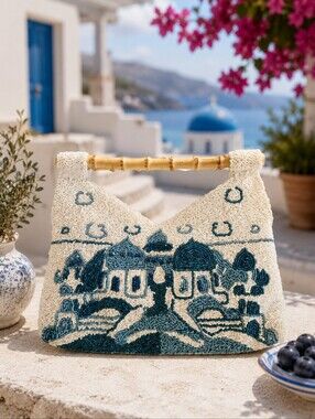 Beaded Santorini White & Teal Top-Handle Women’s Bag NWT Vacation Viral Rare